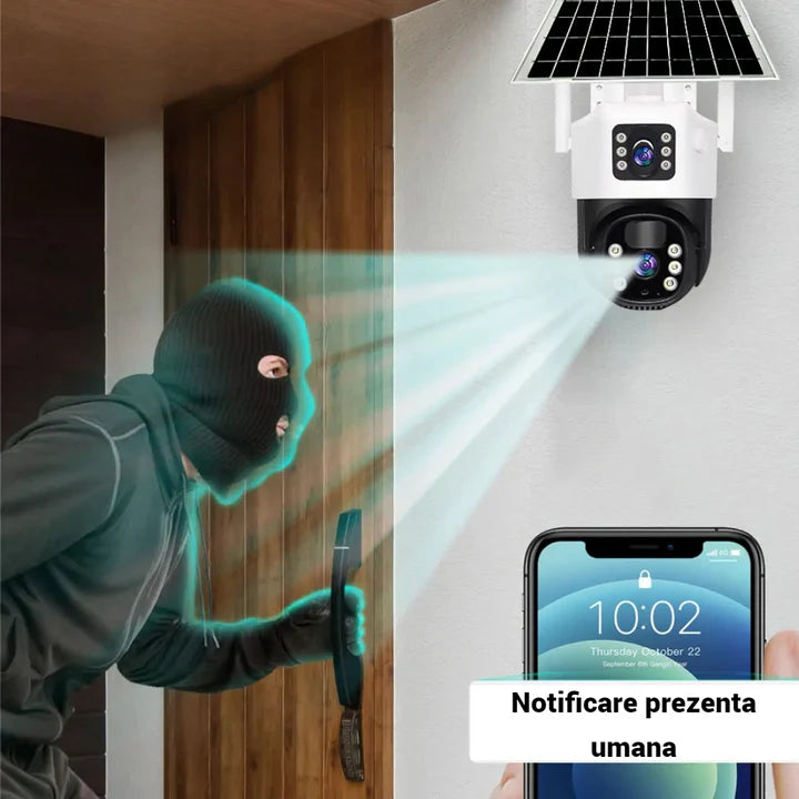 Kit 2 Camere 4G Outdoor cu Panou Solar, Detectie Umana PIR, 6MP 4K HD Rezolutie, Slot Cartela 4G + 2 Carduri 64GB