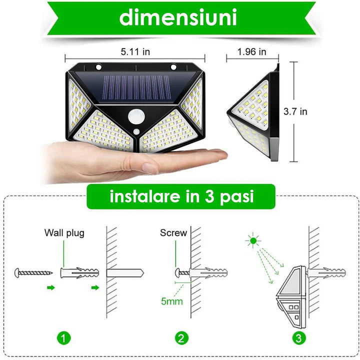 Kit 4 Lampi Solare LED Exterior 100 LED, 270° cu Senzor Miscare