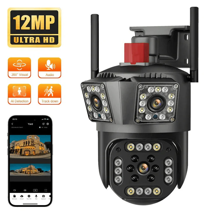 Kit Supraveghere 2 Camere 6K 12MP 355°/90°, IP66 Triple View AI Motion Detection ,Audio bidirectional, Night Vision + 2 Carduri 32GB