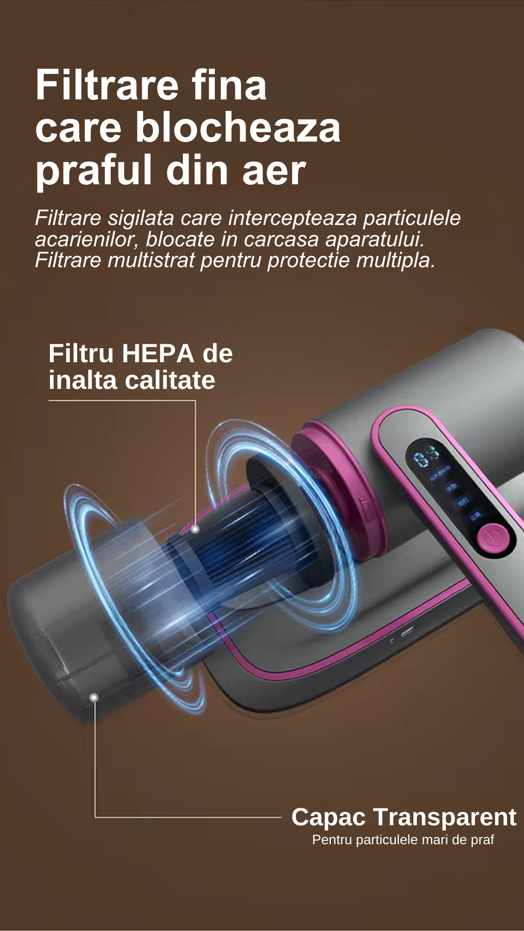 Aspirator de Mana Antiacarieni, 2 in 1, UV, 12000Pa, HEPA, 100w