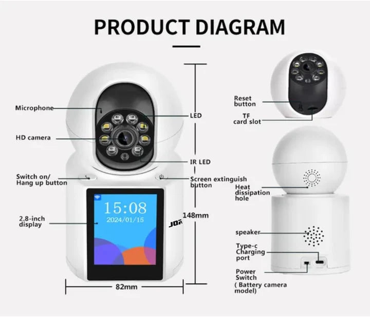 JORTAN Camera 3MP – Apeluri Video, Supraveghere Full HD cu Panoramare 355°, Viziune Nocturnă IR și Audio Bidirecțional