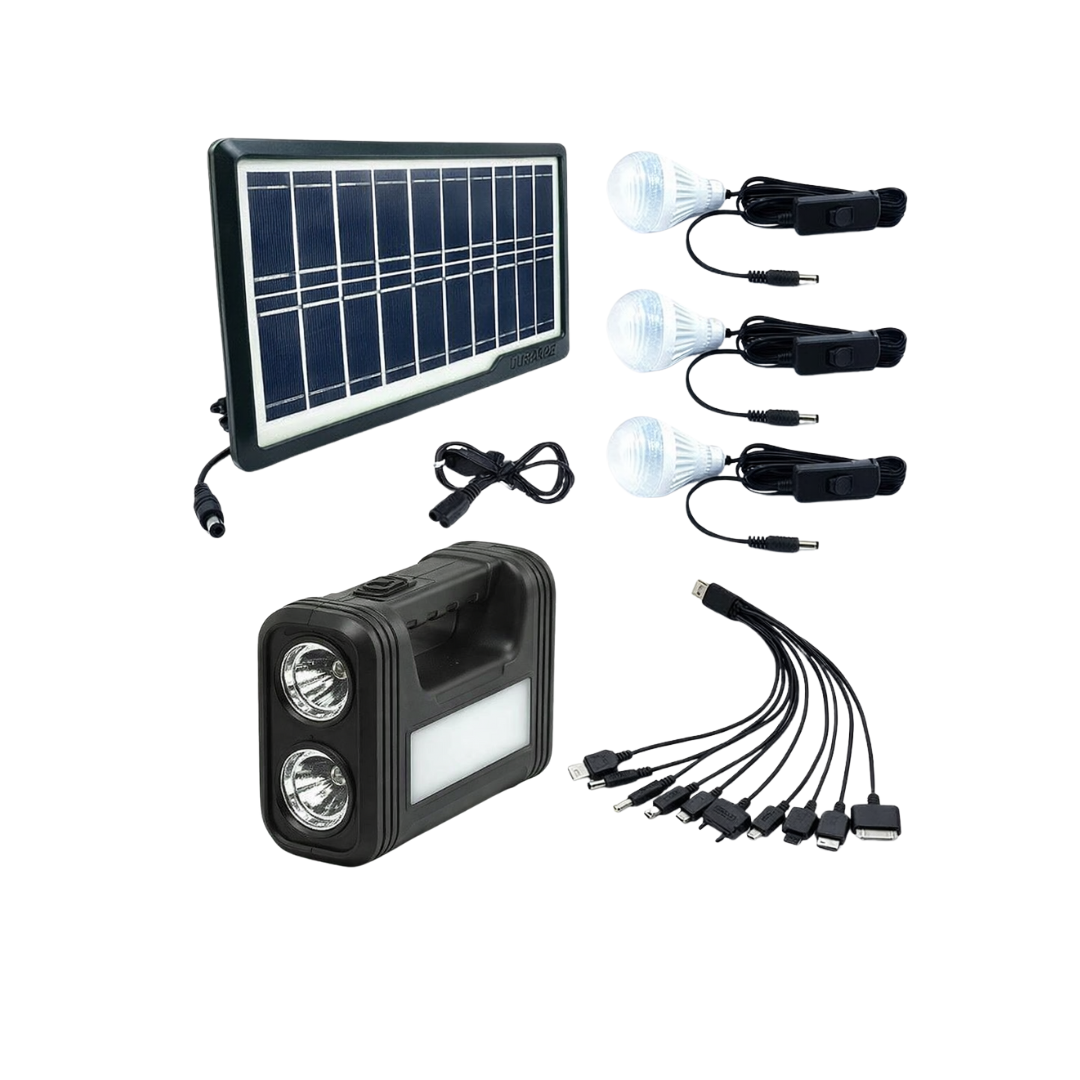Kit solar portabil GD-Light 8017 Plus cu lanterna, 3 LED-uri externe si port USB