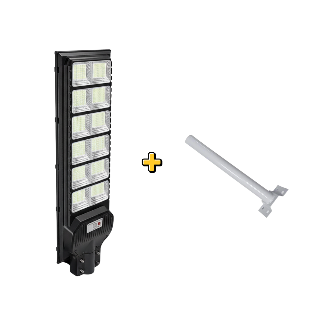 Lampa Solara Stradala 600W 14 ore Autonomie, Senzor de Lumina, Telecomanda + Picior Metalic