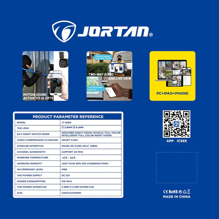 Camera Jortan 6MP Full HD 4K, Recunoastere Faciala, Detectie Miscare Urmarire Om Alarma Integrata