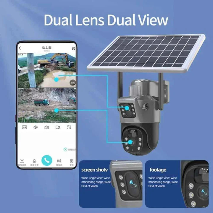 Camera De Supraveghere 4G Duale cu Panou Solar, Detectie Umana, Viziune Nocturna, 6MP, IP66 + Card 64GB
