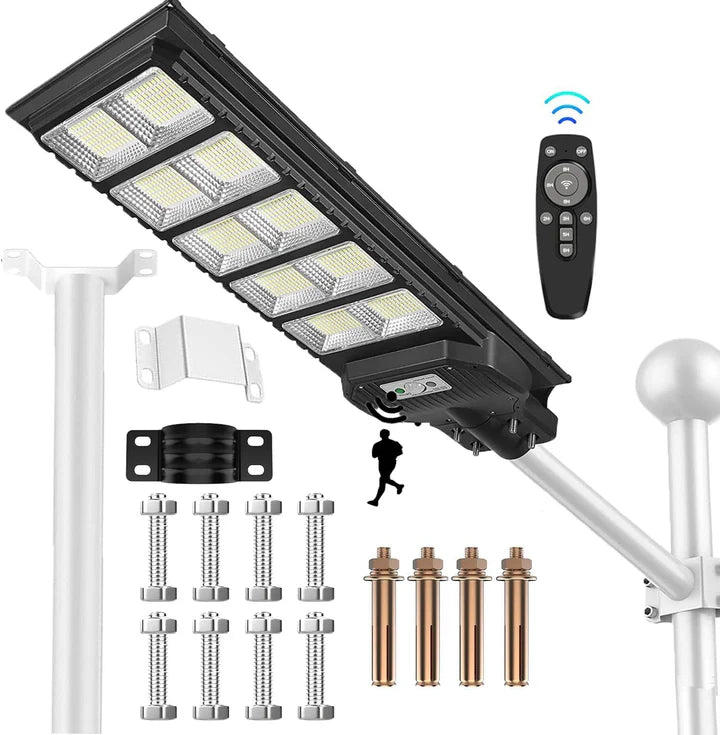Lampa Solara Stradala 600W 14 ore Autonomie, Senzor de Lumina, Telecomanda + Picior Metalic