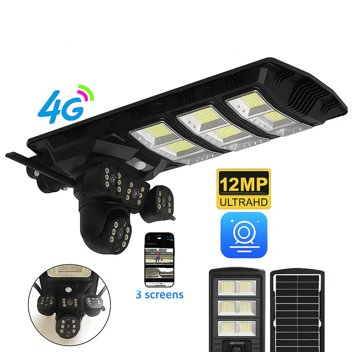 Lampa Solara 450W cu 3 Camere 12MP 4G Aplicatie V380Pro, Viziune Nocturna, Detectie Miscare