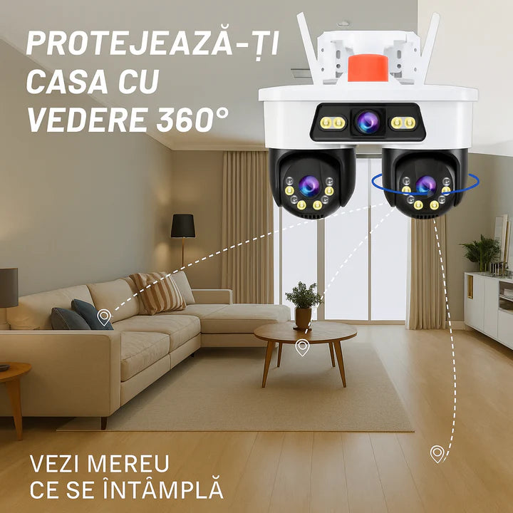 Jortan Camera 9MP 3 Lentile WiFi/LAN cu Detecție Miscare si Sunet, Dual Head PTZ 355°, Viziune Nocturna Color, Detectare Umana AI, IP66, Card 32GB Inclus