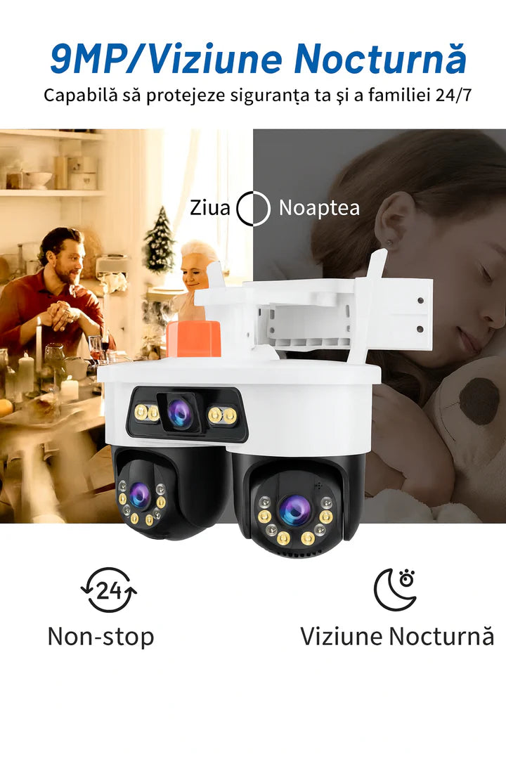 Jortan Camera 9MP 3 Lentile Audio Bidirectional WiFi + LAN, Dual Head PTZ 355°, Viziune Nocturna Color, Detectare Umana AI, IP66