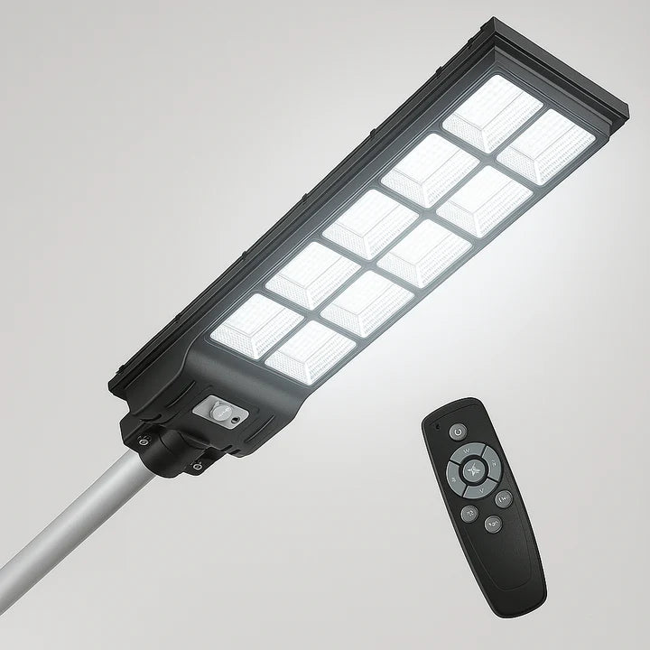 Lampa Solara Stradala 600W 14 ore Autonomie, Senzor de Lumina, Telecomanda + Picior Metalic