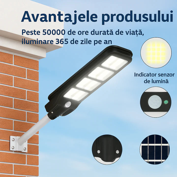 Lampa Solara Exterior 400W LED Alb Rece, Panou Solar, Autonomie 14 Ore, Telecomanda + Suport Metalic