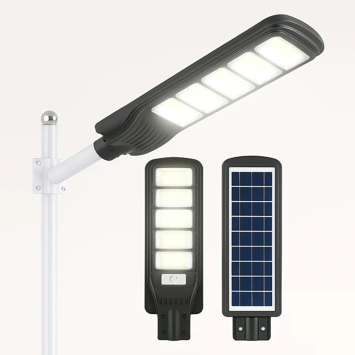 Lampa Solara Exterior 300W LED Alb Rece, Panou Solar, Autonomie 14 Ore, Telecomanda + Suport Metalic