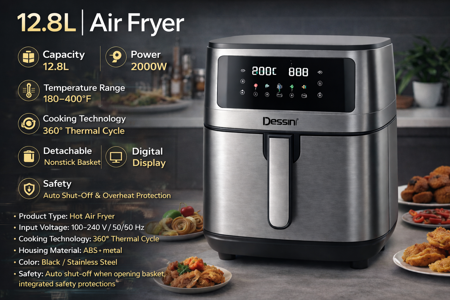 Air Fryer Dessini DS-818D 12.8L 2000W cu Timer Digital si 360° Thermal Cycle, 80-200°C, Timer 60min