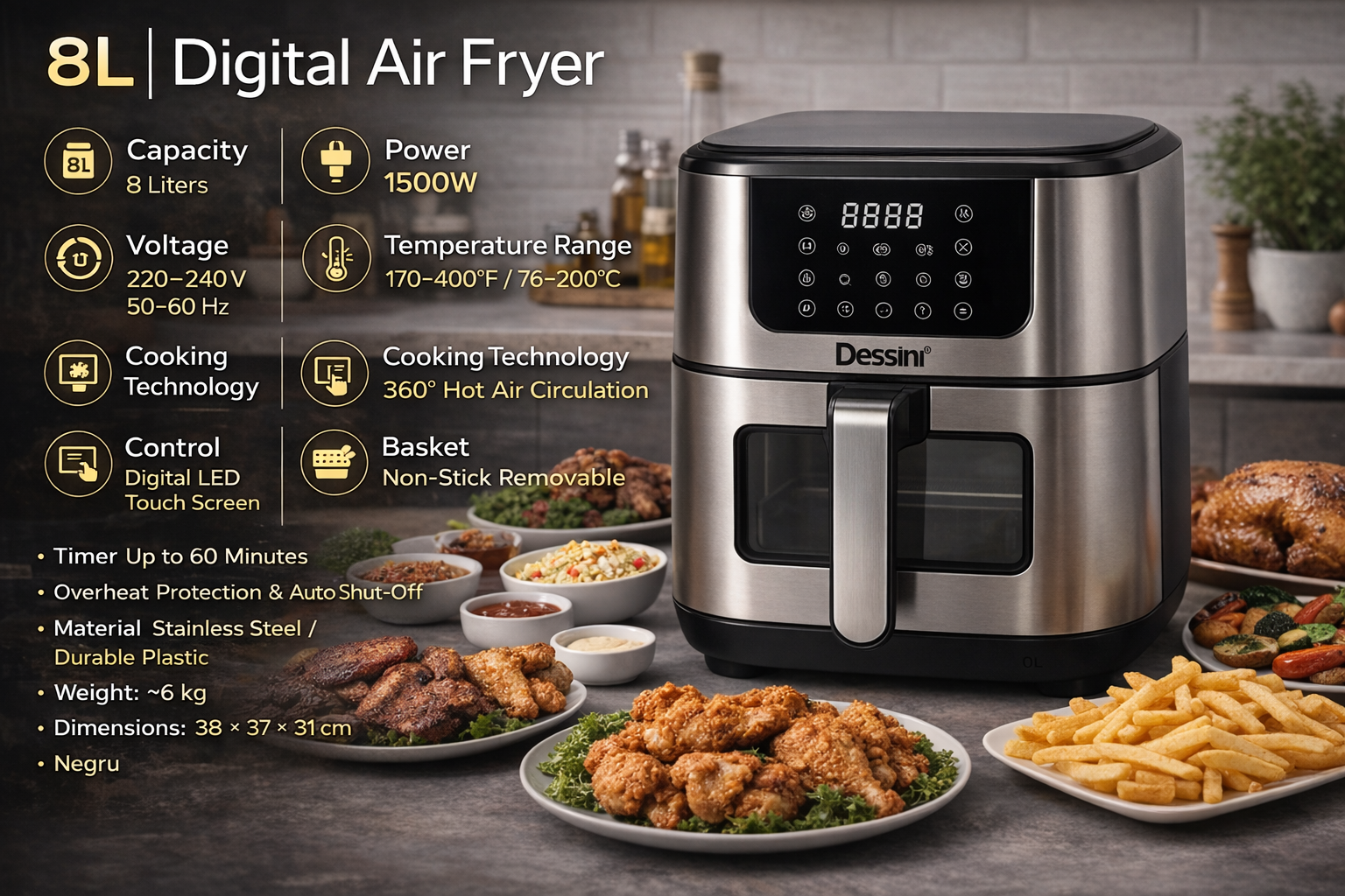Air Fryer Dessini DS‑811, 8L 1500W, 10 programe cu Ecran Digital si Coș Detașabil, Temperatura Maxima Gatire 200 °C