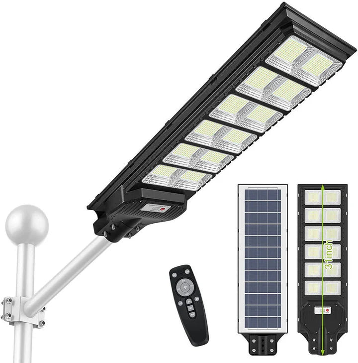 Lampa Solara Stradala 600W 14 ore Autonomie, Senzor de Lumina, Telecomanda + Picior Metalic