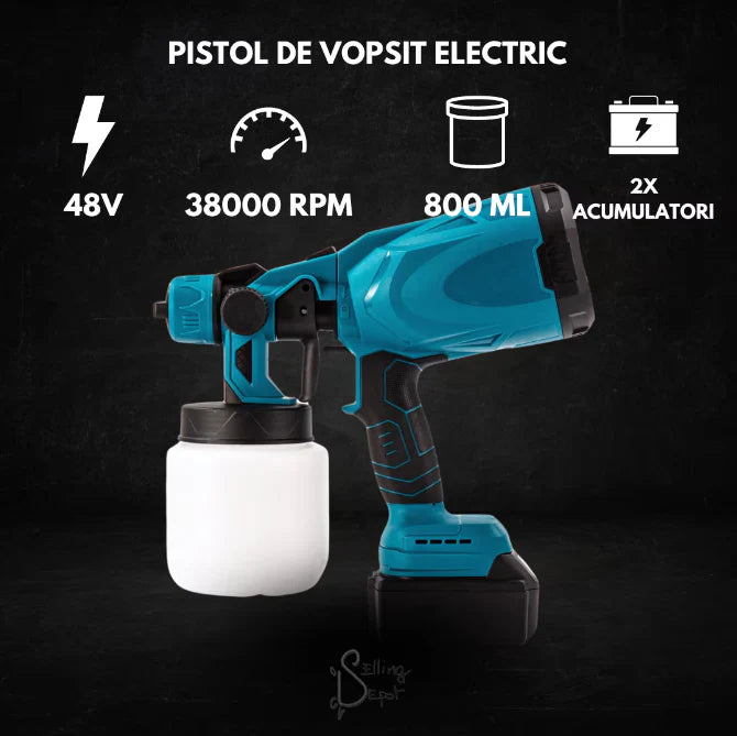 Pistol de Vopsit pe Acumulator 48V 210W cu Motor Brushless, 800 ml + 2 Acumulatori