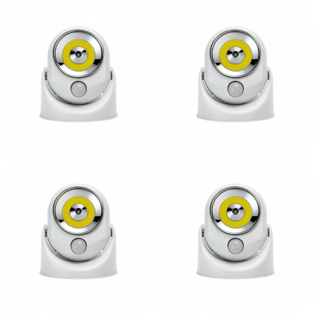 Kit 4 Lampi LED cu Senzor Miscare, Alimentare Baterii, Cap Rotativ 360