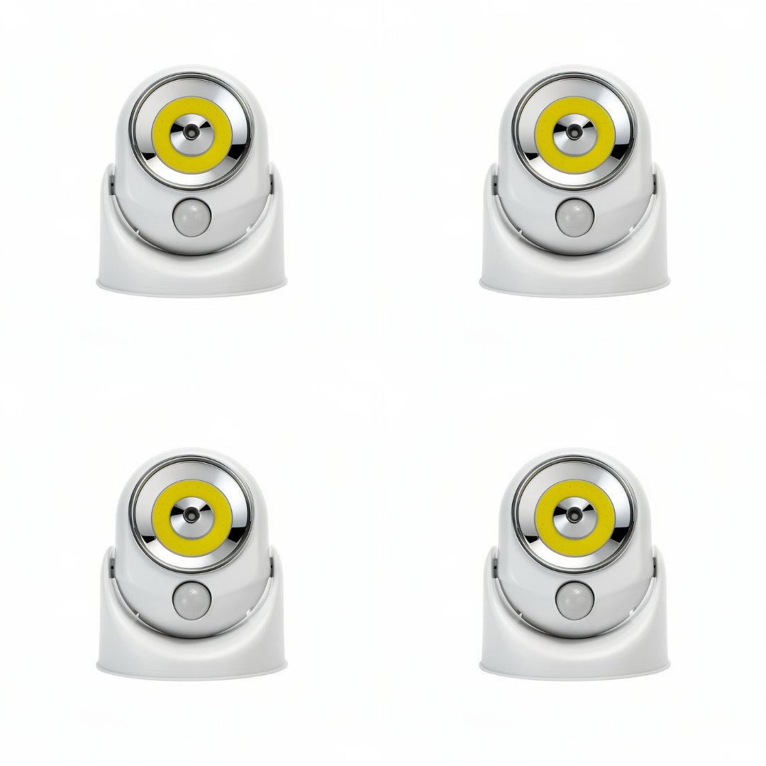 Kit 4 Lampi LED cu Senzor Miscare, Alimentare Baterii, Cap Rotativ 360