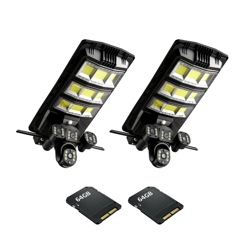 Kit 2 Lampi Solare 450W cu 3 Camere 12MP 4G, aplicatie V380Pro + 2 Carduri 64GB