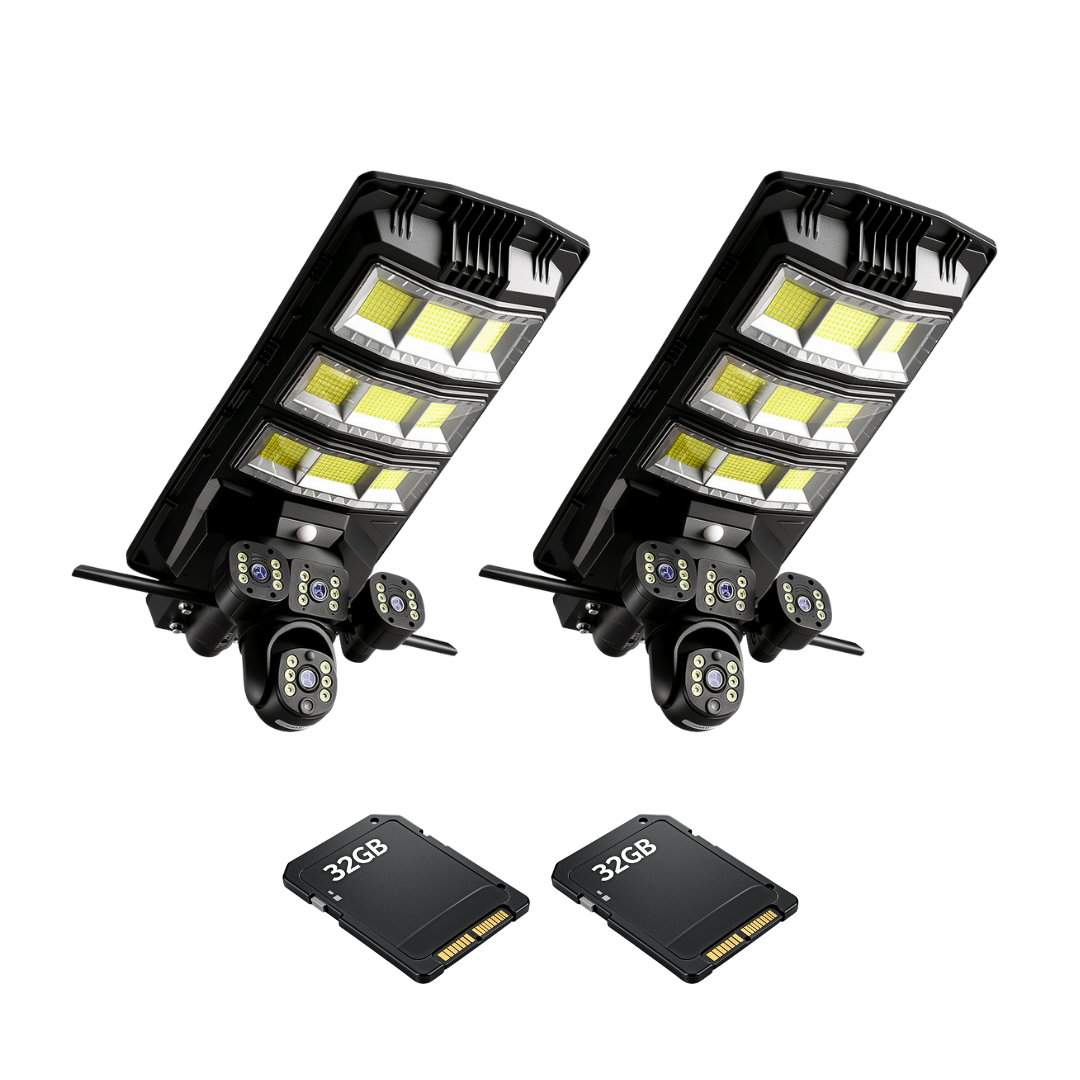 Kit 2 Lampi Solare 450W cu 3 Camere 12MP 4G, aplicatie V380Pro + 2 Carduri 32GB