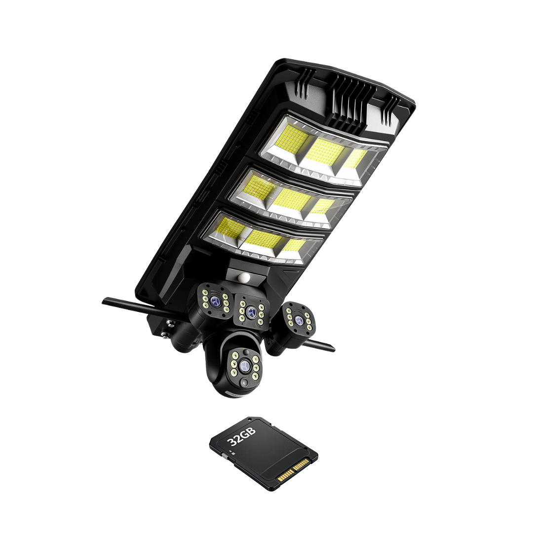 Lampa Stradala 450W cu 3 Camere - V380Pro 12MP, Panou Solar, Slot SIM 4G, Card 32GB Inclus