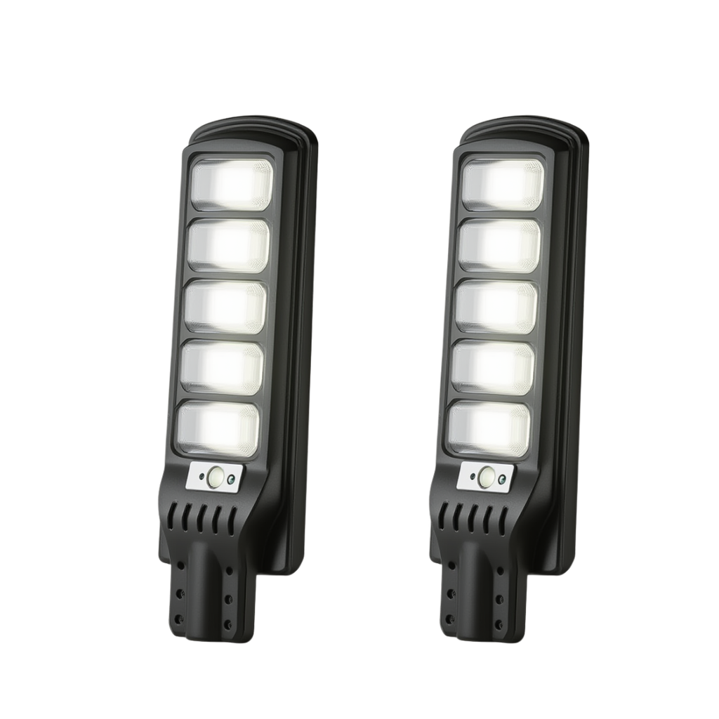 Kit 2 Lampi Solare 500W cu Telecomanda, LED-uri albe, Acumulator integrat + Picior metalic, autonomie 14h gradina curti parcari