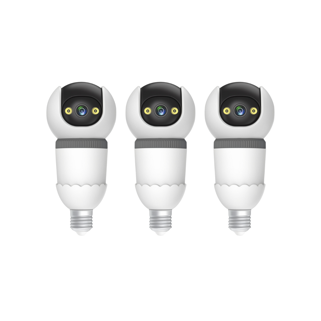 Kit 3 Camere Supraveghere WiFi Tip Bec V380Pro 3MP Pan-Tilt 360°,Detectie AI, Vizibilitate Nocturna 25m, Sirena si Microfon