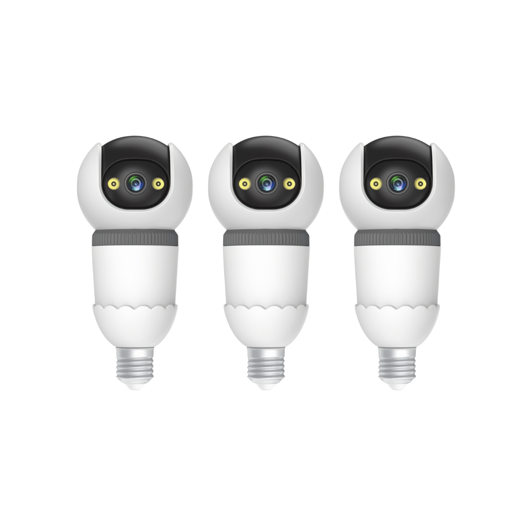 Kit 3 Camere Supraveghere WiFi Tip Bec V380Pro 3MP Pan-Tilt 360°,Detectie AI, Vizibilitate Nocturna 25m, Sirena si Microfon