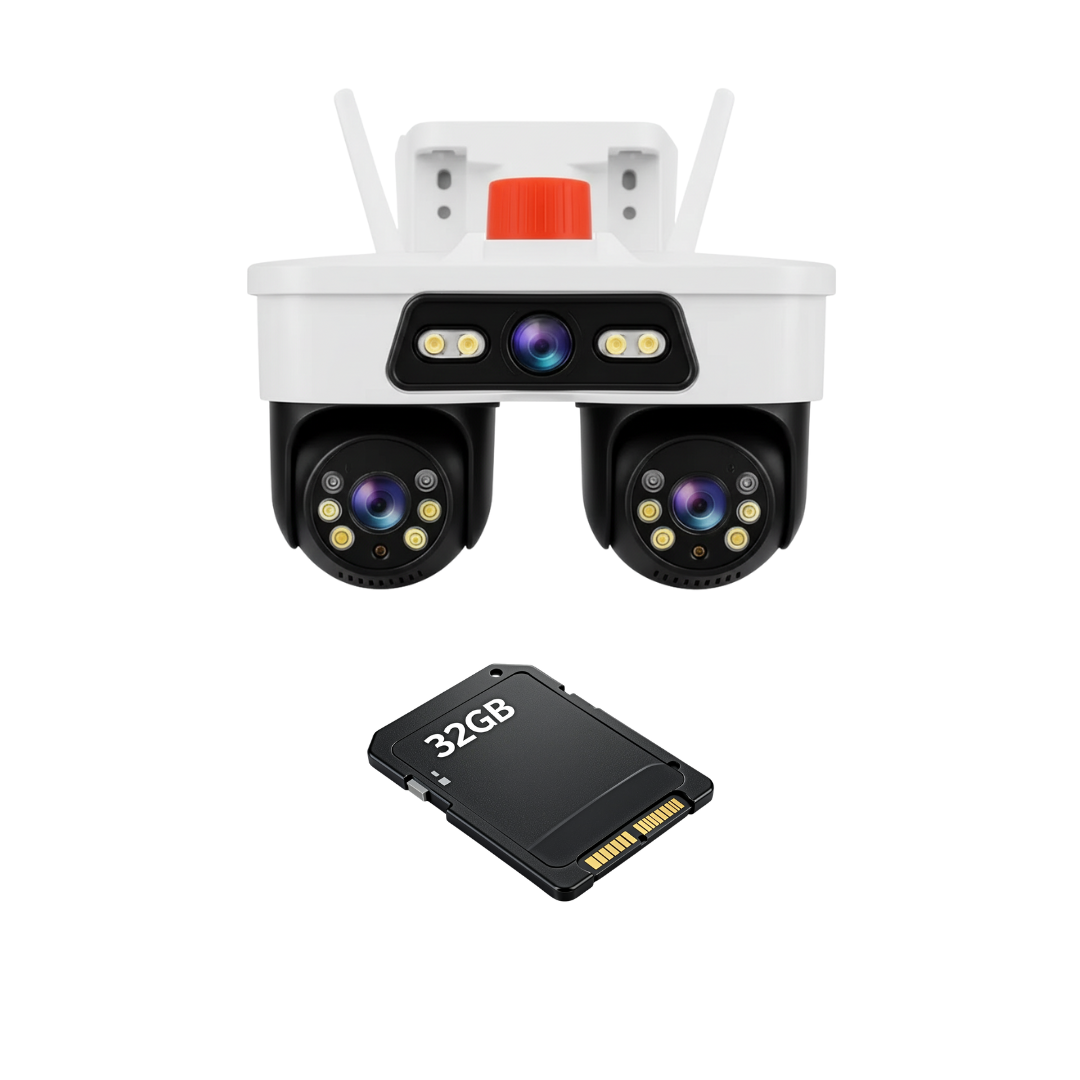 Jortan Camera 9MP 3 Lentile WiFi/LAN cu Detecție Miscare si Sunet, Dual Head PTZ 355°, Viziune Nocturna Color, Detectare Umana AI, IP66, Card 32GB Inclus