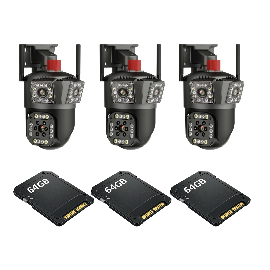 Kit Supraveghere 3 Camere 6K 12MP 355°/90°, IP66 Triple View AI Motion Detection ,Audio bidirectional, Night Vision + 3 Carduri 64GB