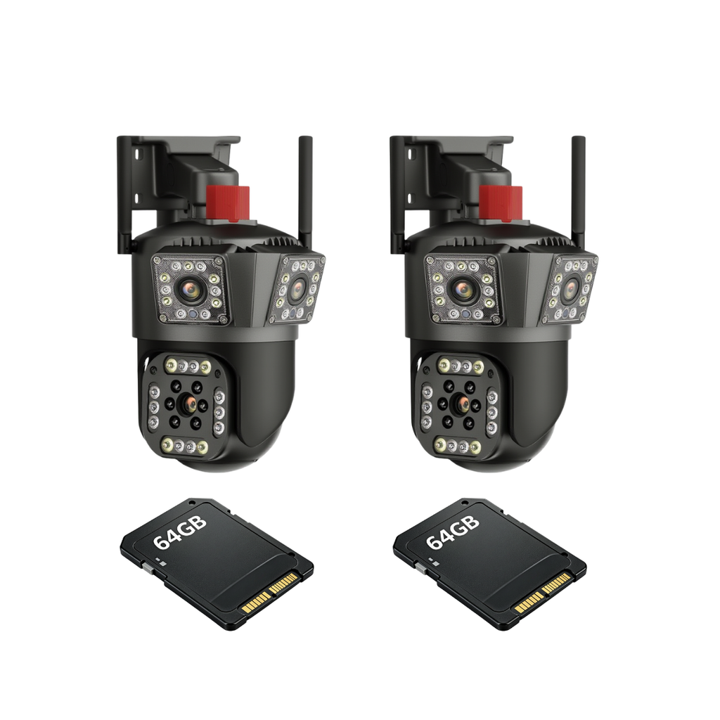 Kit Supraveghere 2 Camere 6K 12MP Ultra-HD, Triple Lens AI Night Vision IP66, Zoom Digital 8X, PTZ 355°/90° + 2 Carduri 64GB
