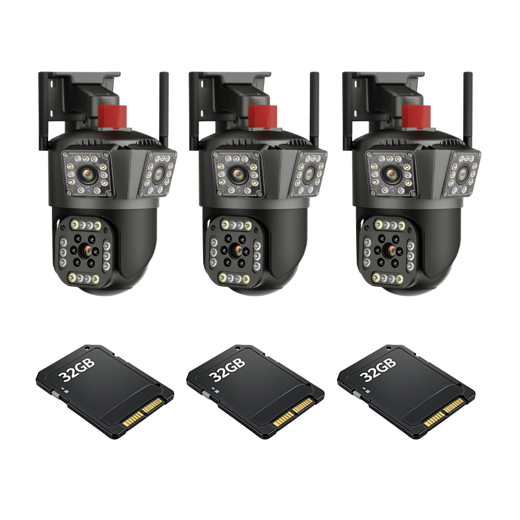Kit Supraveghere 3 Camere 6K 12MP Ultra-HD, Triple Lens AI Night Vision IP66, Zoom Digital 8X, PTZ 355°/90° + 3 Carduri 32GB