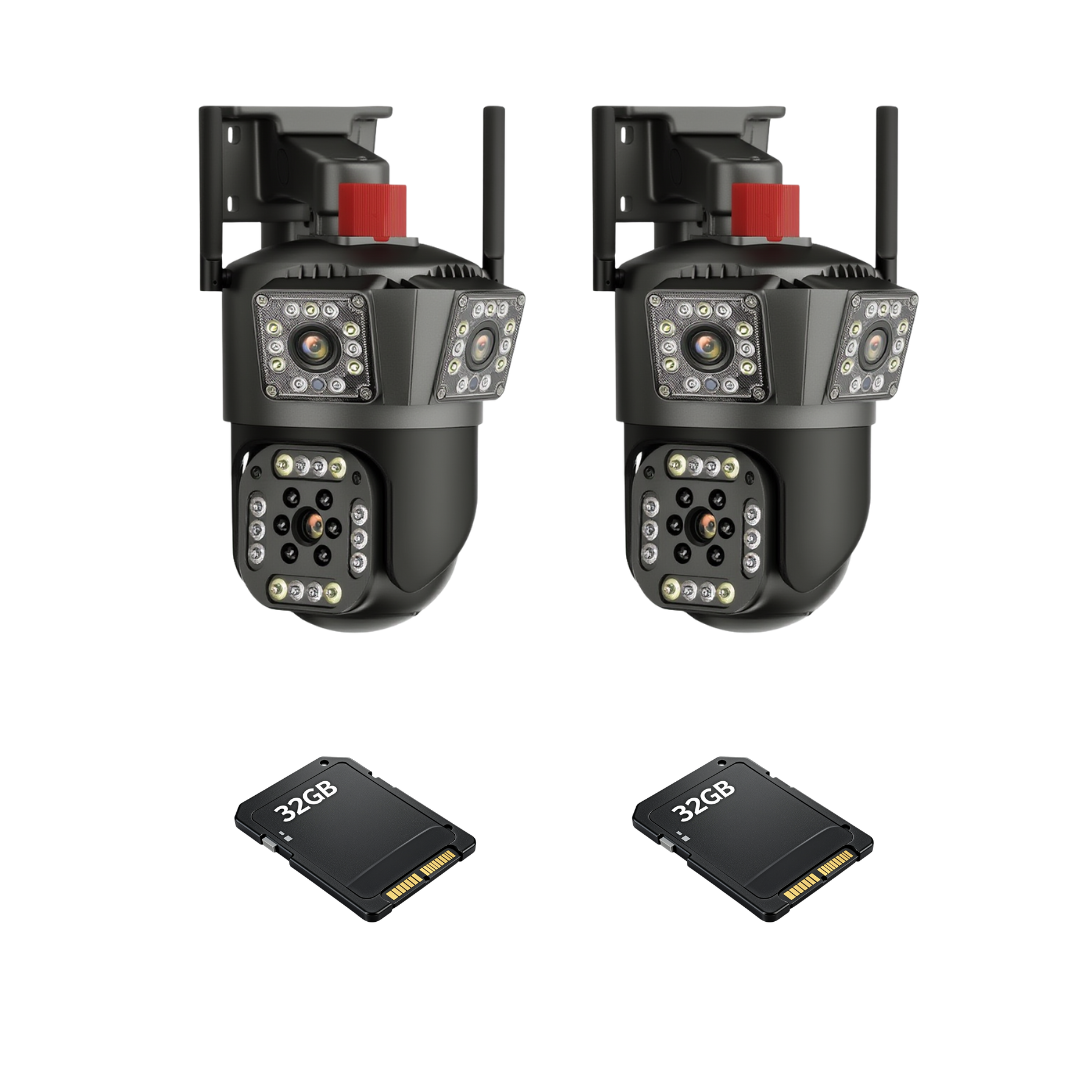 Kit Supraveghere 2 Camere 6K 12MP Ultra-HD, Triple Lens AI Night Vision IP66, Zoom Digital 8X, PTZ 355°/90° + 2 Carduri 32GB