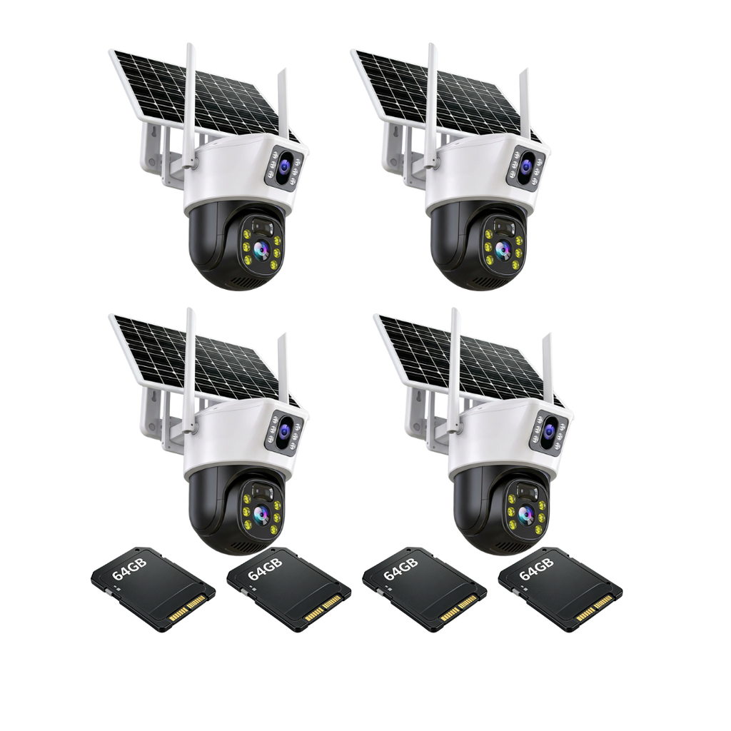 Kit 4 Camere 4G Outdoor cu Panou Solar, Detectie Umana PIR, 6MP 4K HD Rezolutie, Slot Cartela 4G + 4 Carduri 64GB