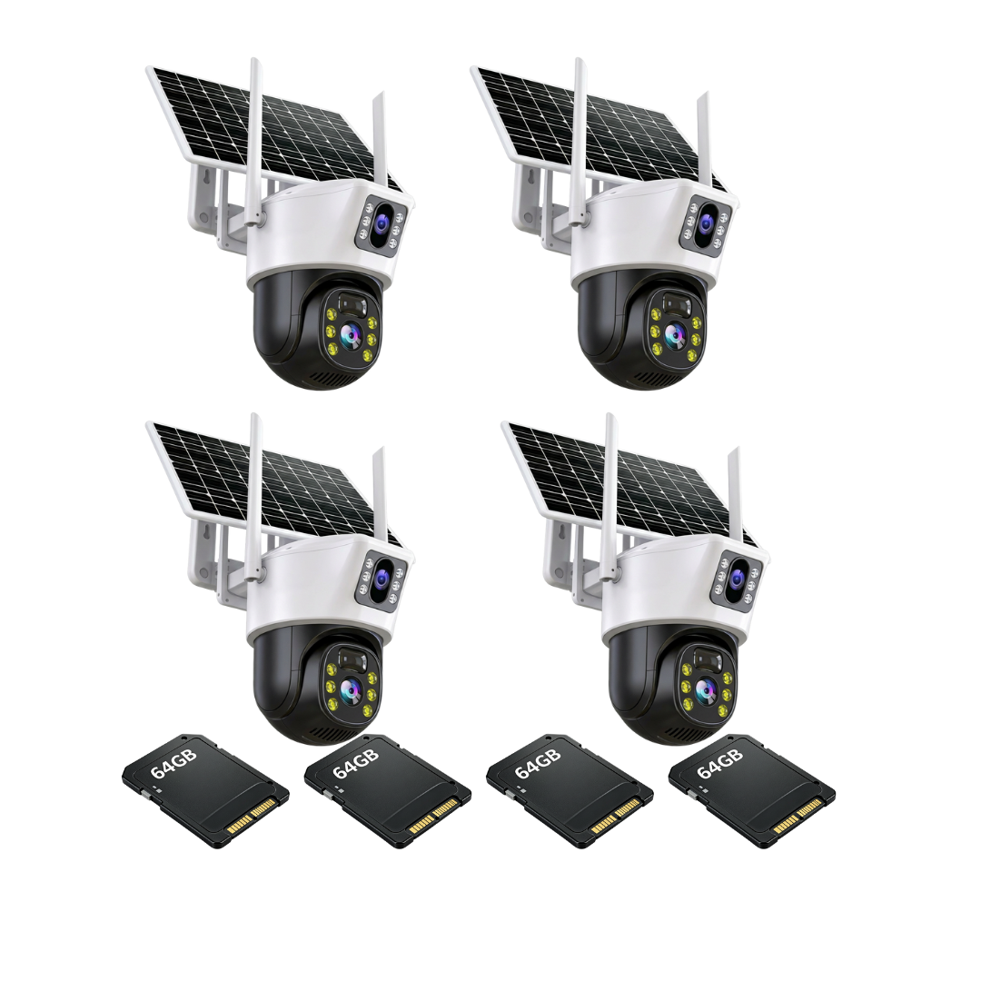 Kit 4 Camere 4G Outdoor cu Panou Solar, Detectie Umana PIR, 6MP 4K HD Rezolutie, Slot Cartela 4G + 4 Carduri 64GB