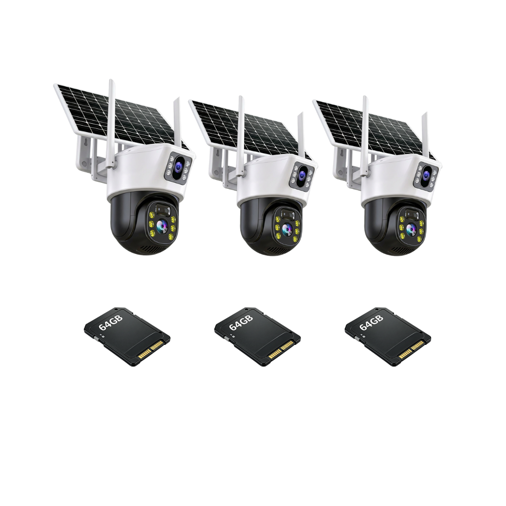 Kit 3 Camere 4G Outdoor cu Panou Solar, Detectie Umana PIR, 6MP 4K HD Rezolutie, Slot Cartela 4G + 3 Carduri 64GB