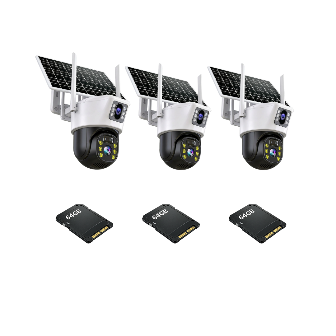 Kit 3 Camere 4G Outdoor cu Panou Solar, Detectie Umana PIR, 6MP 4K HD Rezolutie, Slot Cartela 4G + 3 Carduri 64GB
