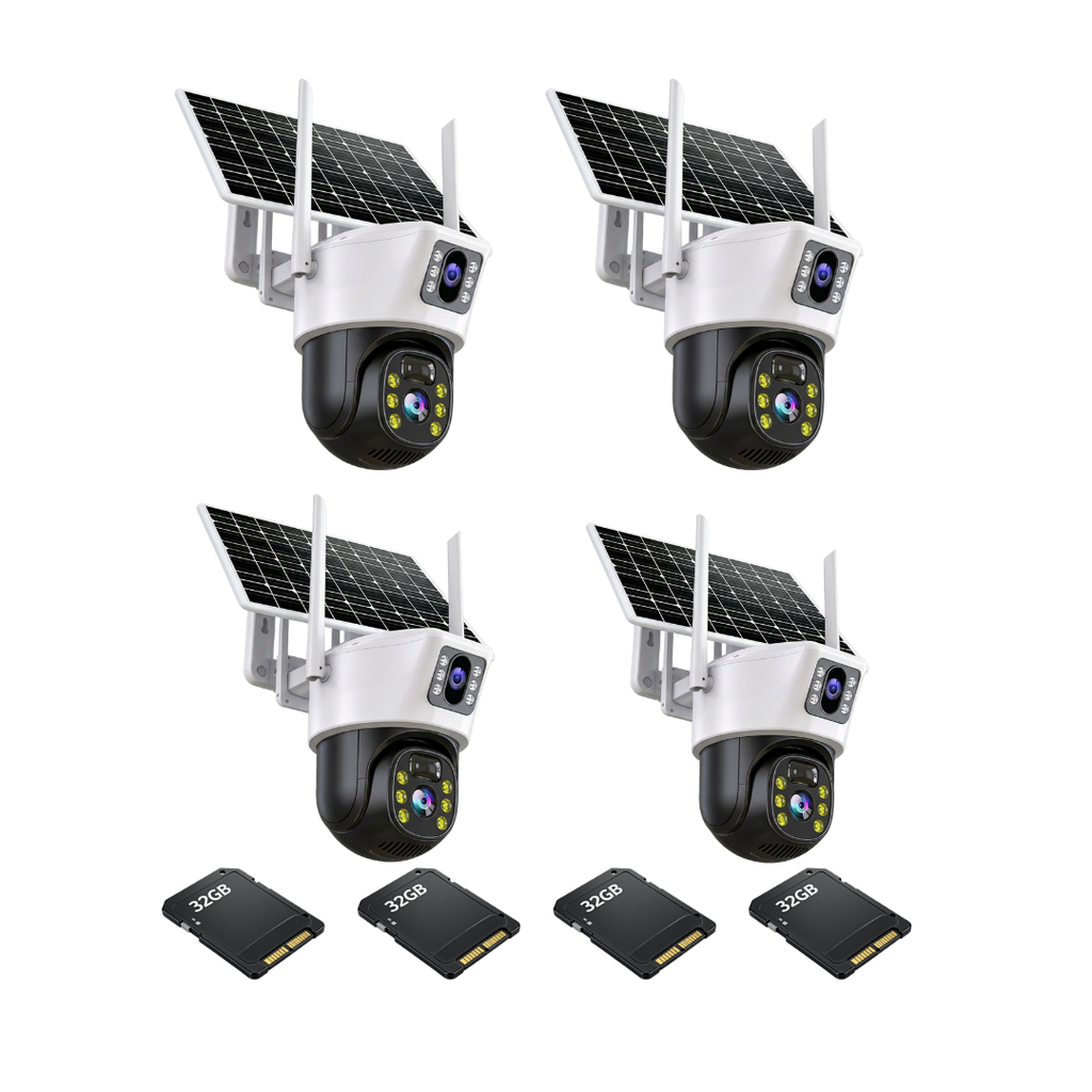 Kit 4 Camere 4G Outdoor cu Panou Solar, Detectie Umana PIR, 6MP 4K HD Rezolutie, Slot Cartela 4G + 4 Carduri 32GB