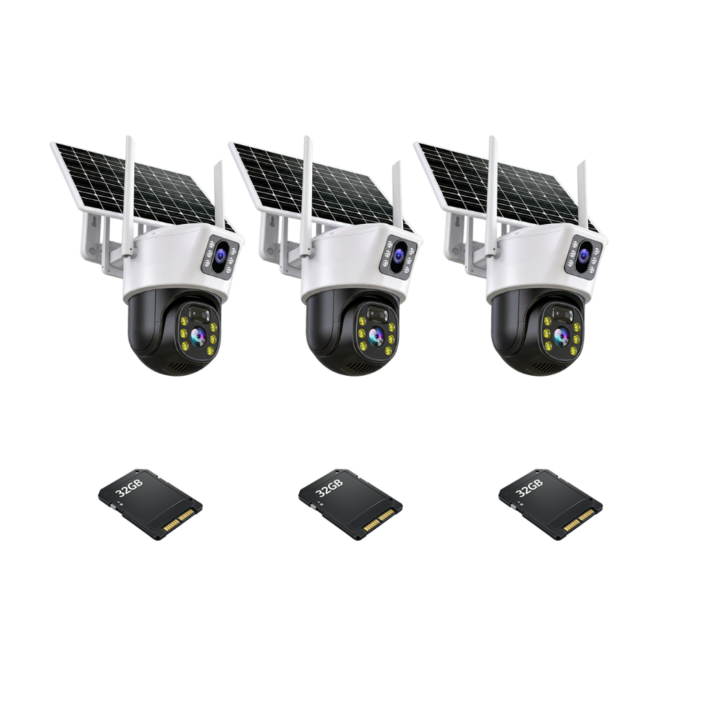 SET 3X Camere Duale, Slot Cartela 4G, Panou Solar, Detectare umana PIR, 4K HD Rezolutie 6MP, 3x Carduri 32GB incluse