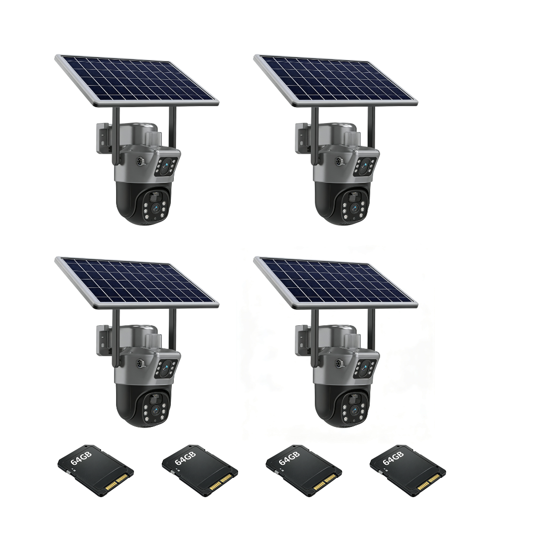 Kit 4 Camere Supraveghere 4G Duale cu Solar, Detectie Umana, 6MP, IP66 + 4 Carduri 64GB
