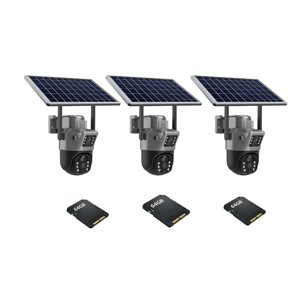Kit 3 Camere Supraveghere 4G Duale cu Solar, Detectie Umana, 6MP, IP66 + 3 Carduri 64GB