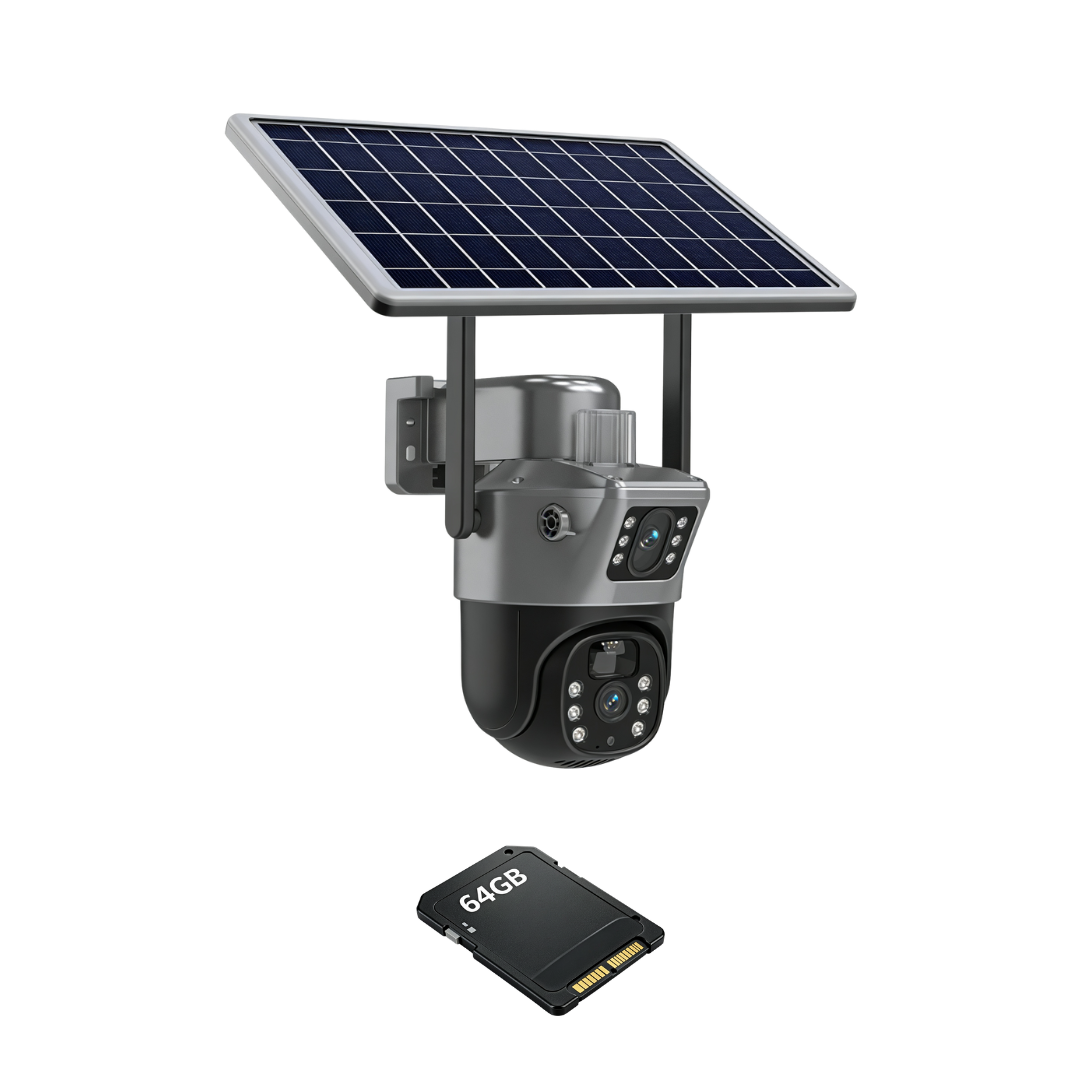 Camera De Supraveghere 4G Duale cu Panou Solar, Detectie Umana, Viziune Nocturna, 6MP, IP66 + Card 64GB