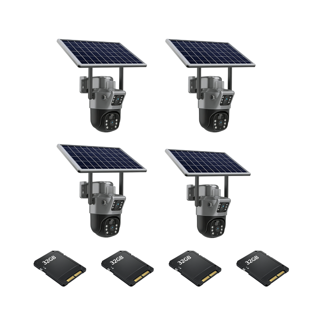 Kit 4 Camere Supraveghere 4G Duale cu Solar, Detectie Umana, 6MP, IP66 + 4 Carduri 32GB