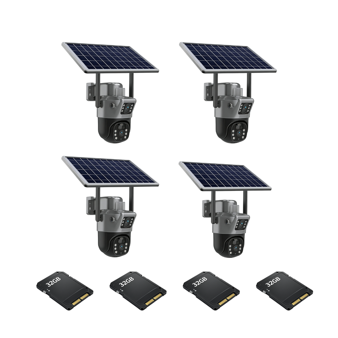 Kit 4 Camere Supraveghere 4G Duale cu Solar, Detectie Umana, 6MP, IP66 + 4 Carduri 32GB
