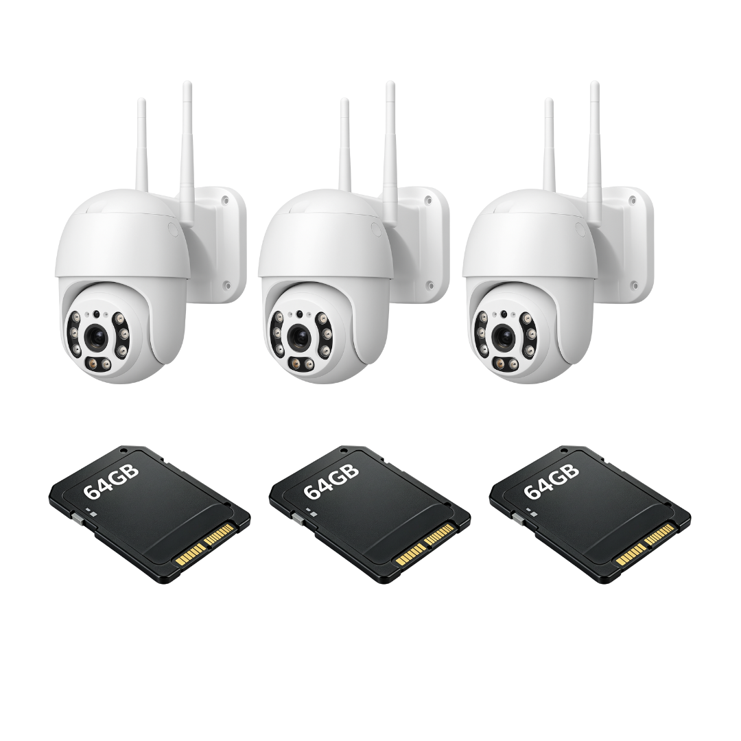 Kit Supraveghere IP WiFi 3 Camere 2MP Full HD Detectie Umana si Viziune Nocturna, 360° Pan-Tilt + 3 Carduri 64GB