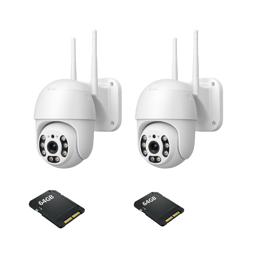 Kit Supraveghere IP WiFi 2 Camere 2MP Full HD Detectie Umana si Viziune Nocturna, 360° Pan-Tilt + 2 Carduri 64GB
