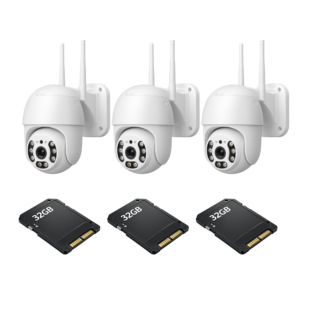 Kit Supraveghere IP WiFi 3 Camere 2MP Full HD Detectie Umana si Viziune Nocturna, 360° Pan-Tilt + 3 Carduri 32GB