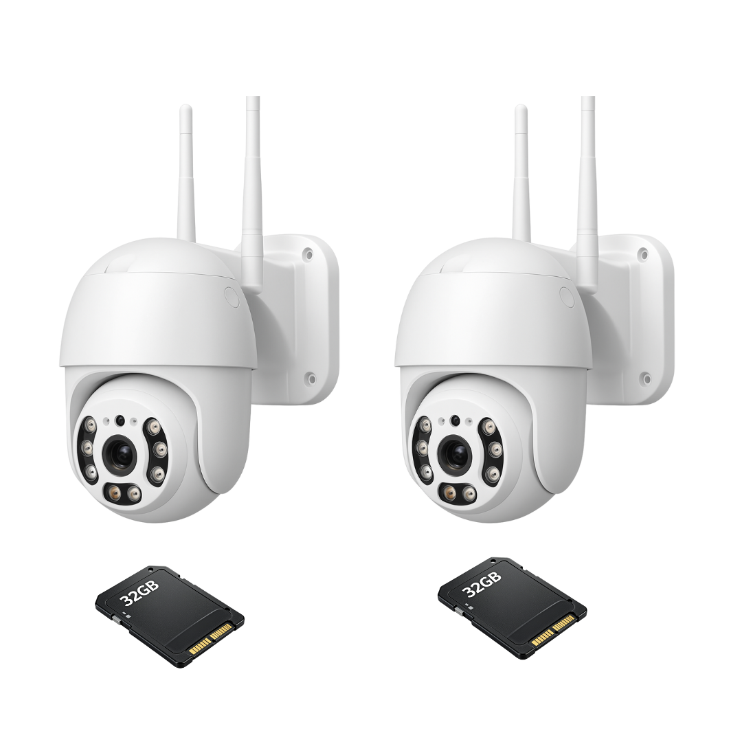 Kit Supraveghere IP WiFi 2 Camere 2MP Full HD Detectie Umana si Viziune Nocturna, 360° Pan-Tilt + 2 Carduri 32GB