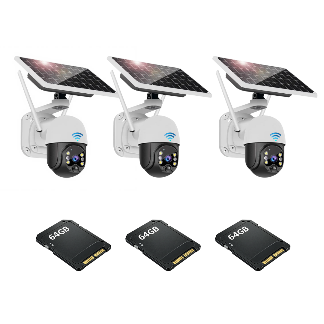 Kit Supraveghere 3 Camere Dasgut 4G, cu Slot SIM, Senzor de miscare,Night Vision +3 Carduri 64GB