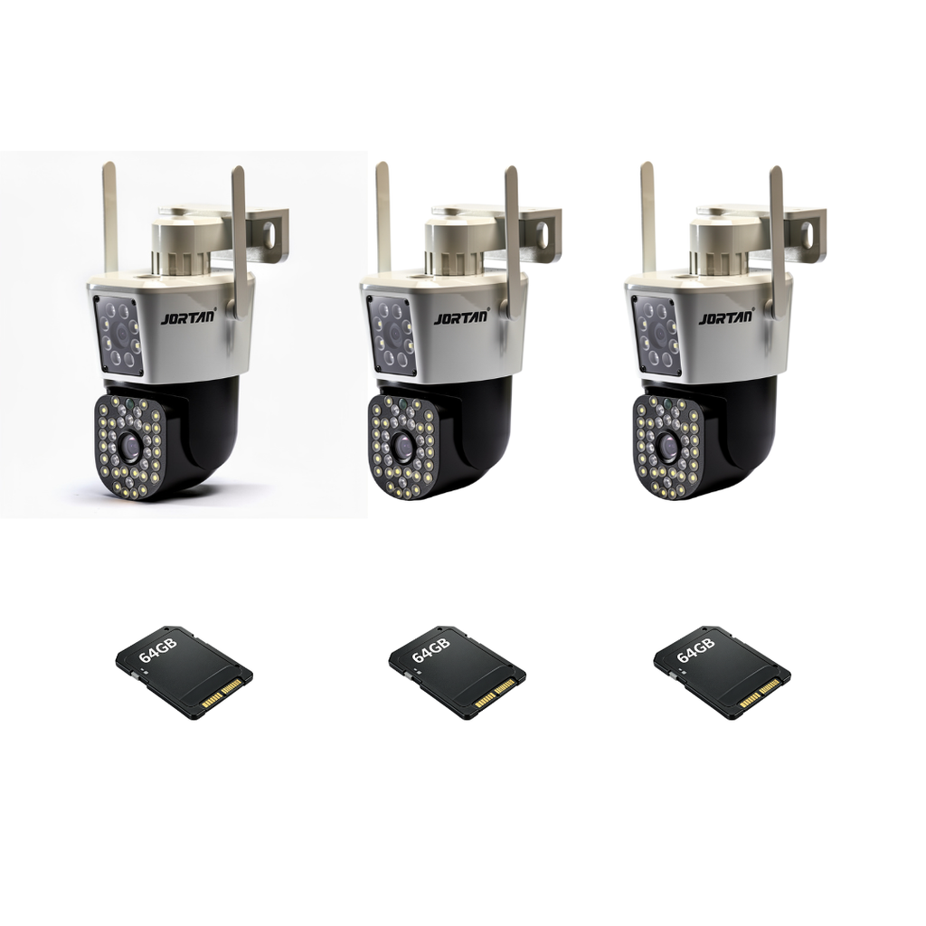Kit Supraveghere 3 Camere 6MP Full HD 4K Jortan, WiFi, Viziune Nocturna Avansata + 3 Carduri 64GB